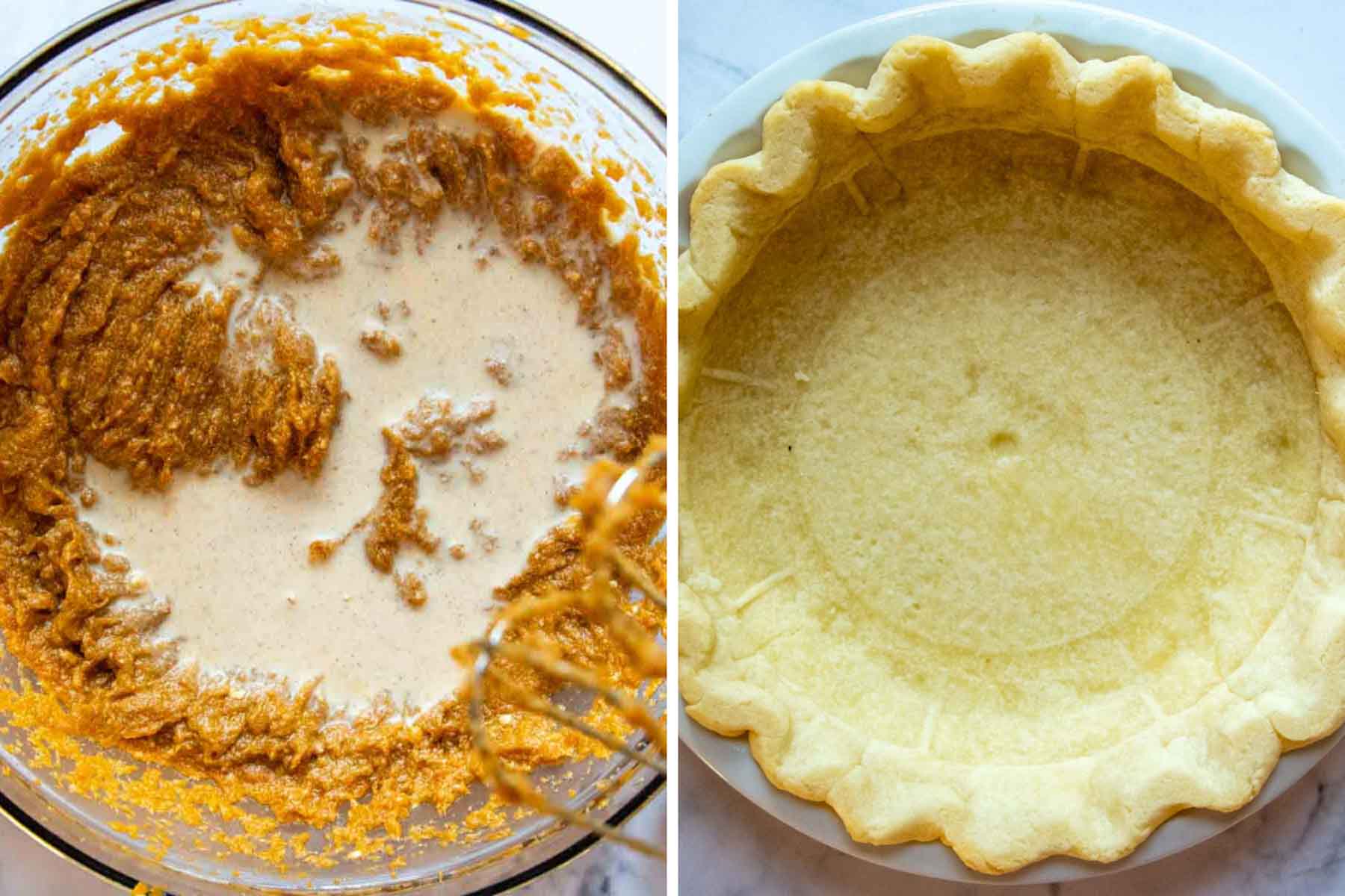 the pie filling in a mixing bowl with a partially baked crust.