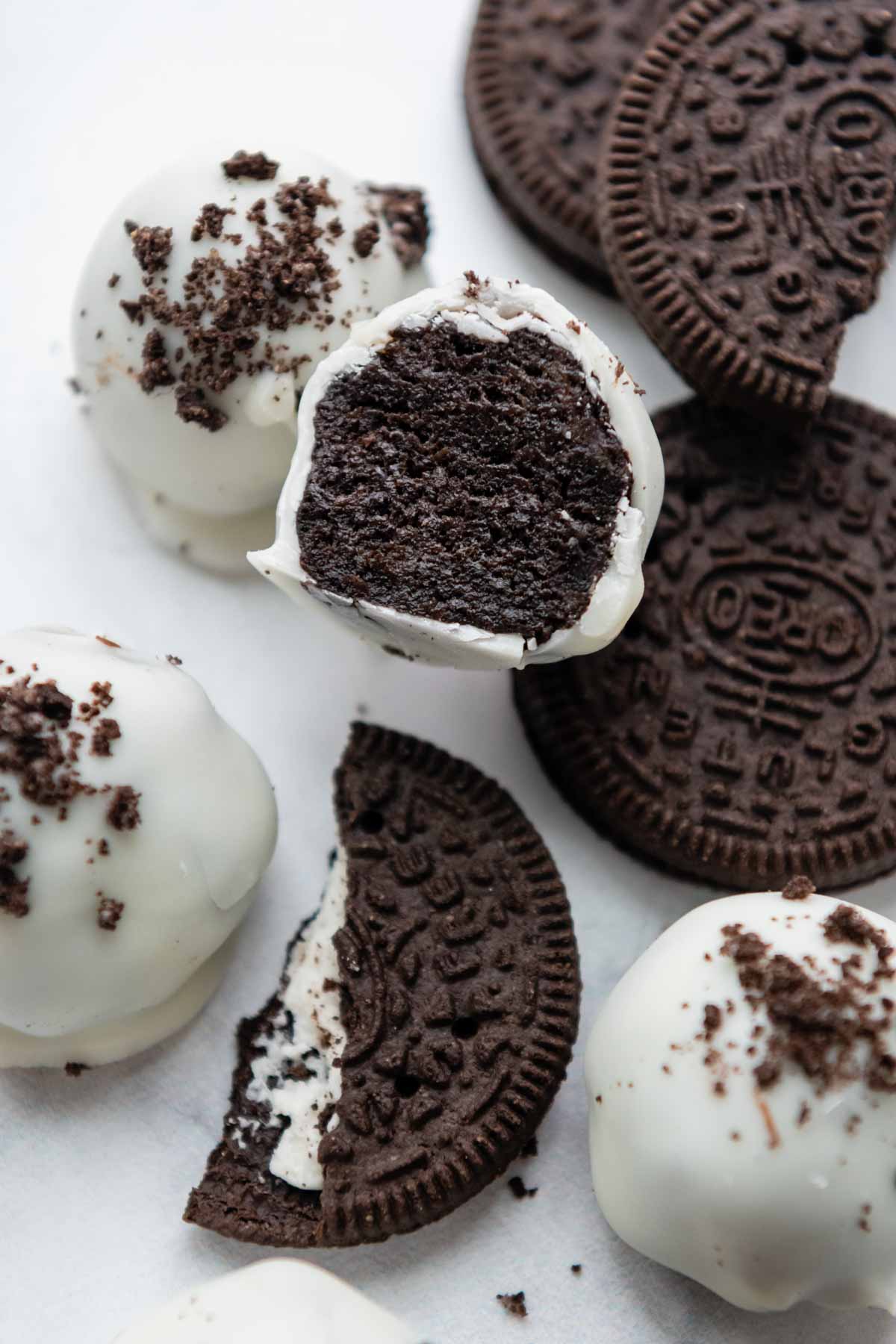 an oreo ball cut in half and facing straight on.