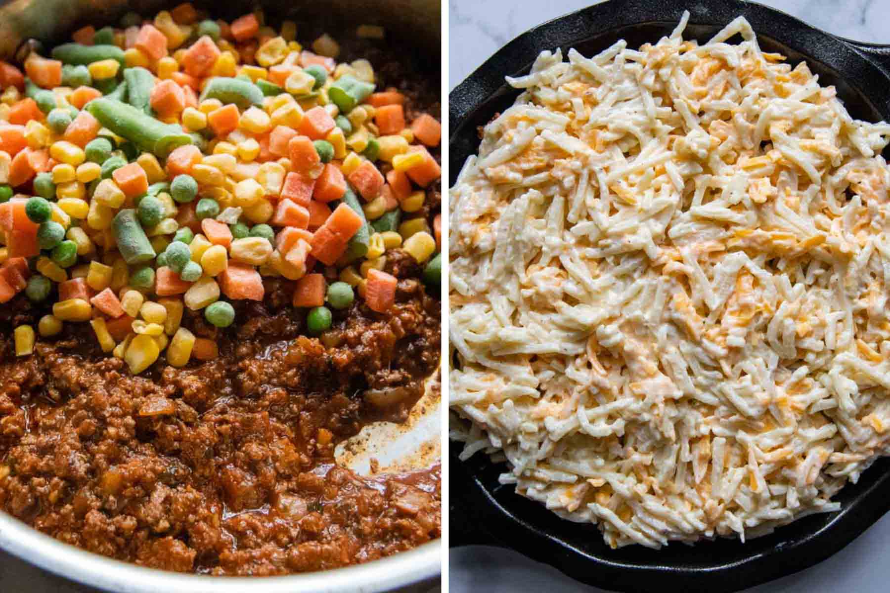 more images showing how to make shepherds pie with hash brown topping.