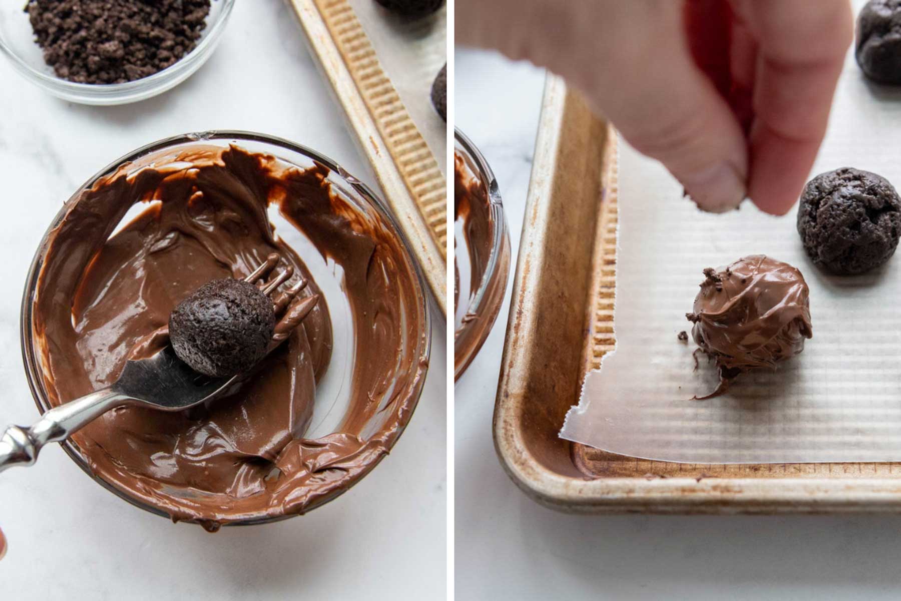 images showing how to dip oreo balls.