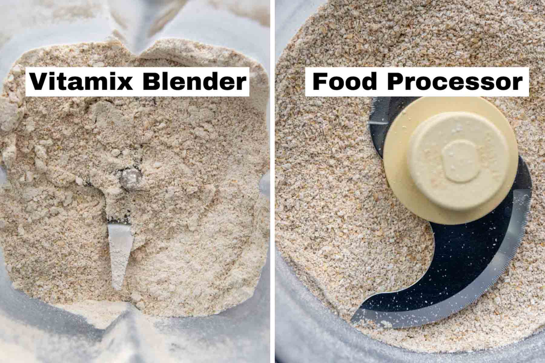 an image of oat flour made in a food processor versus blender.