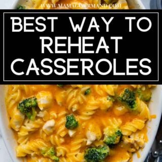 a cheesy broccoli casserole with text over.