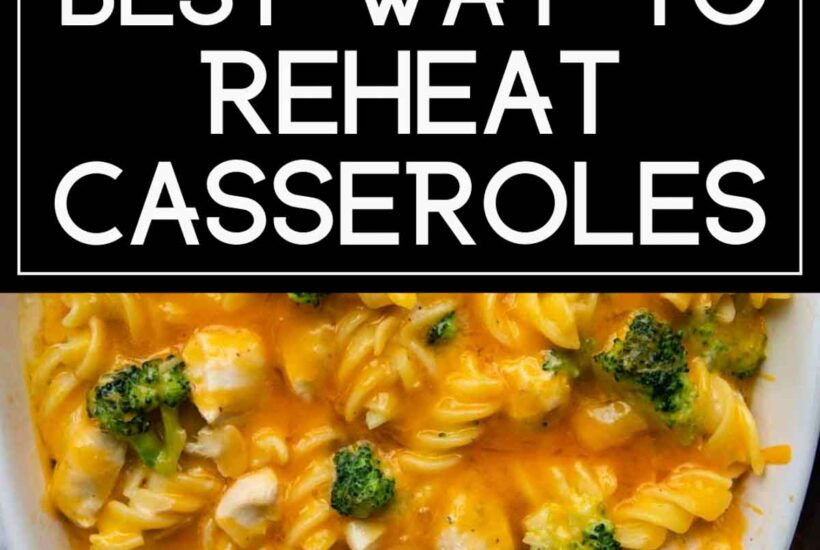 a cheesy broccoli casserole with text over.