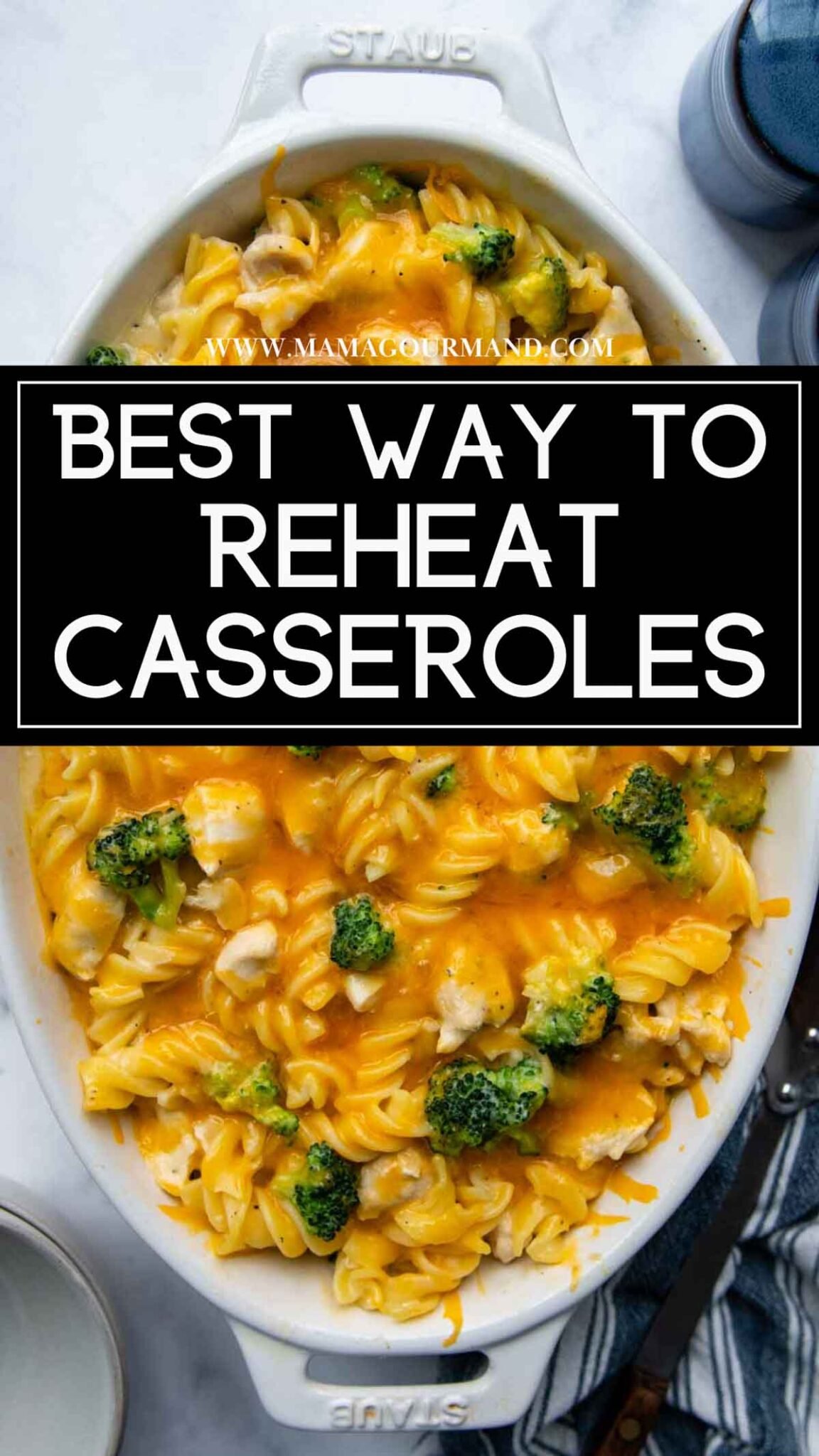 a cheesy broccoli casserole with text over. 