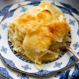 a serving of au gratin potatoes on a white and blue plate.