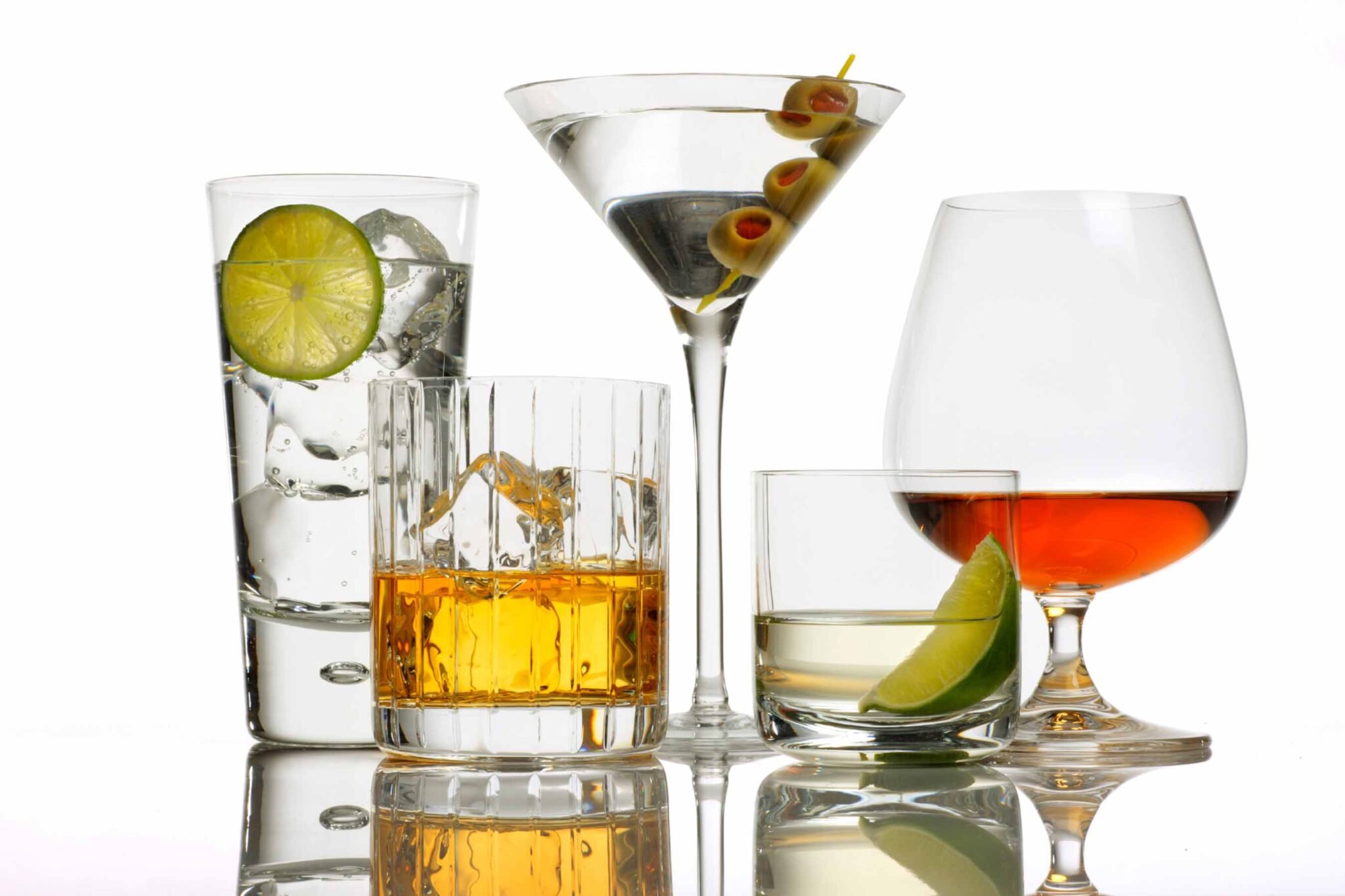 different types of cocktails on a white background.