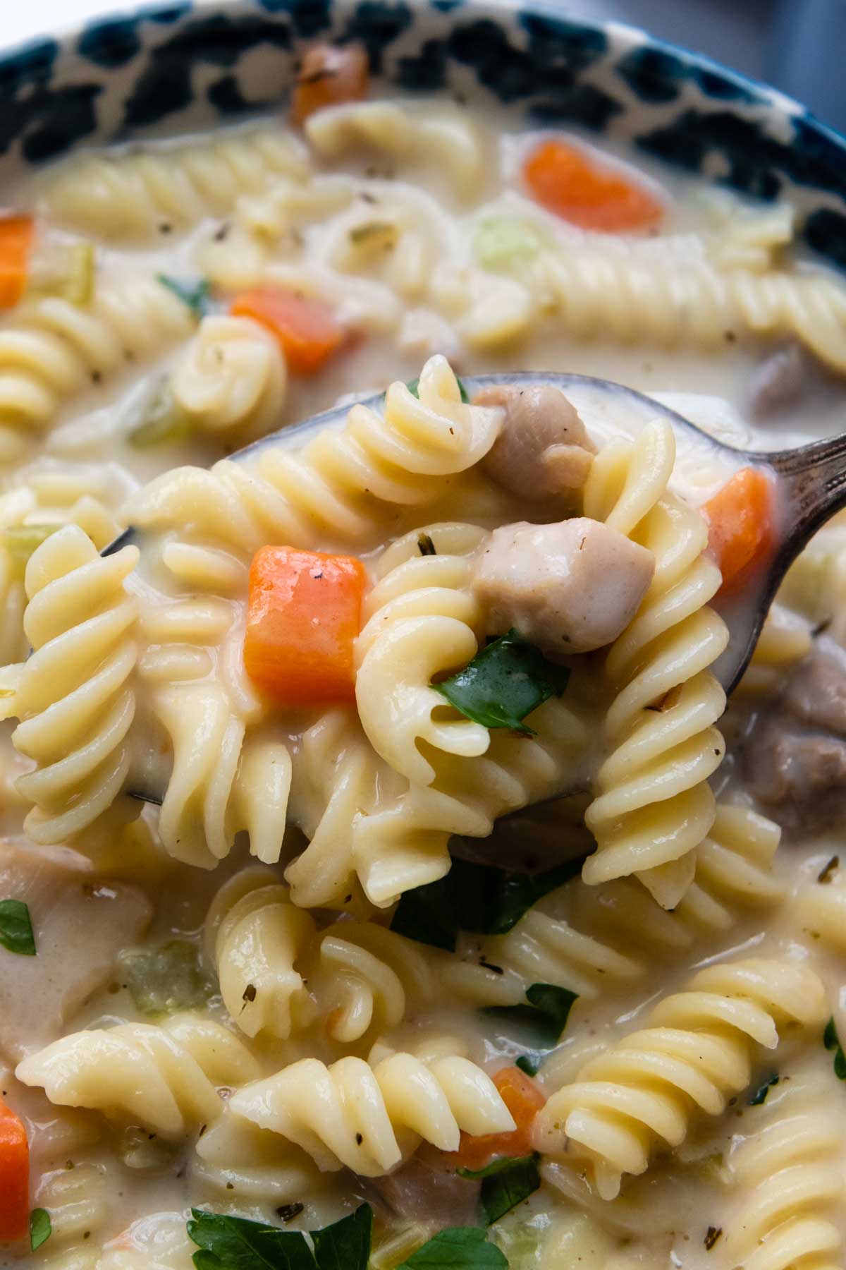 a close up of a spoonful of chicken noodle soup.