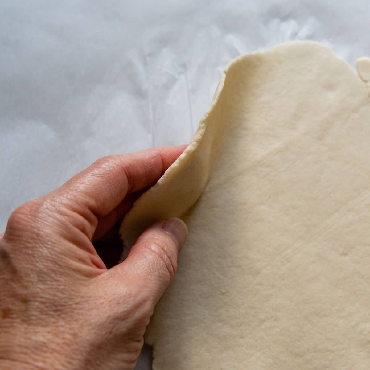 a hand showing the thickness of the rolled dough.