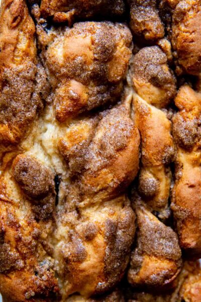 close up of the top of bread with cinnamon swirl.
