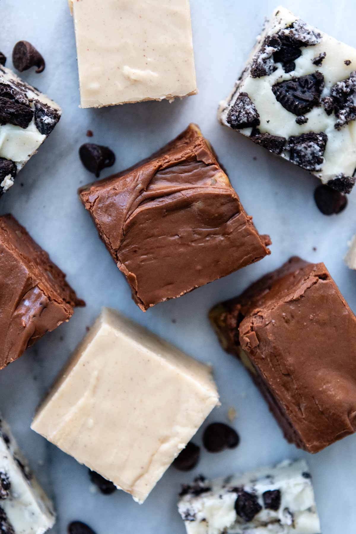 different types of fudge on a white background.