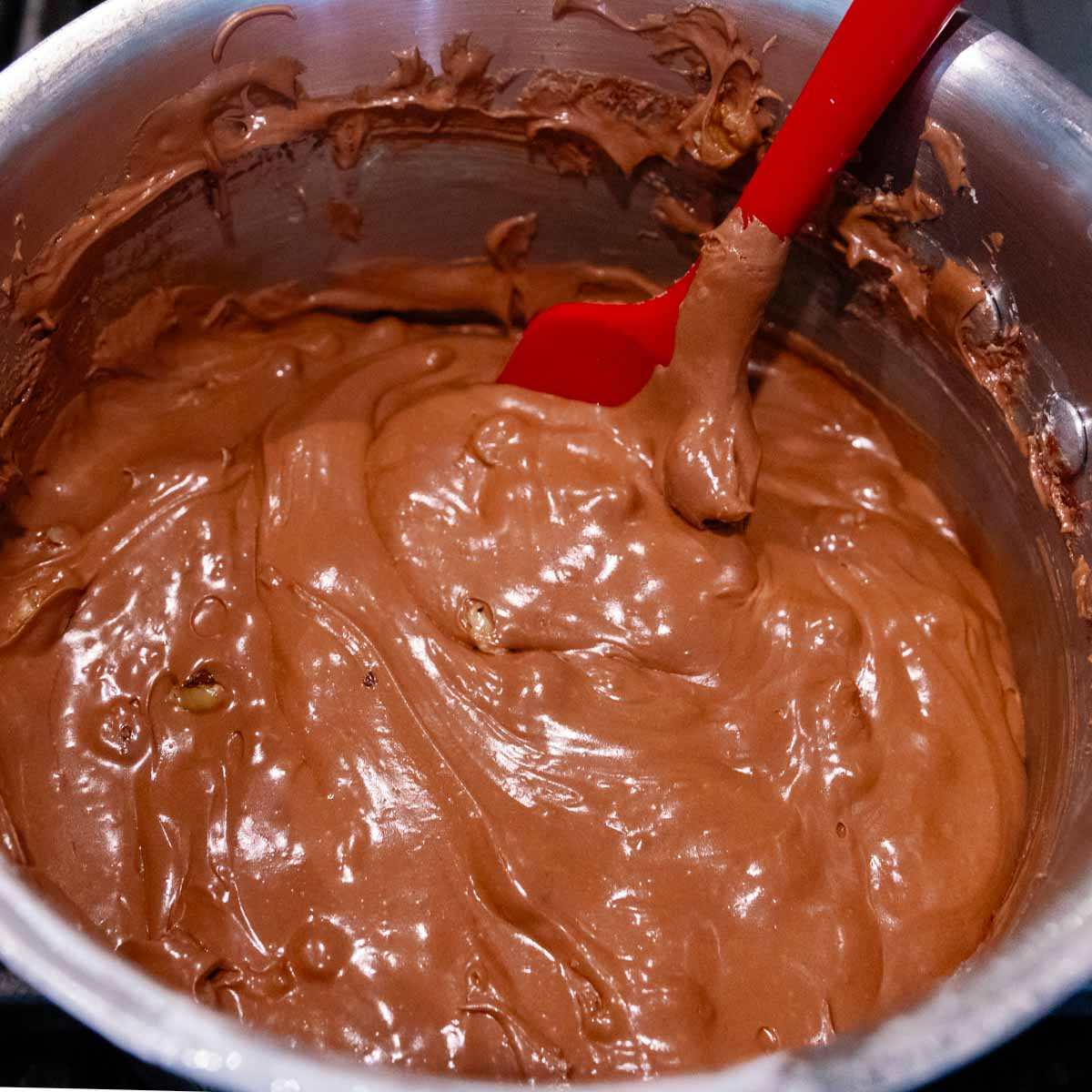 chocolate fudge mixture on the stove.