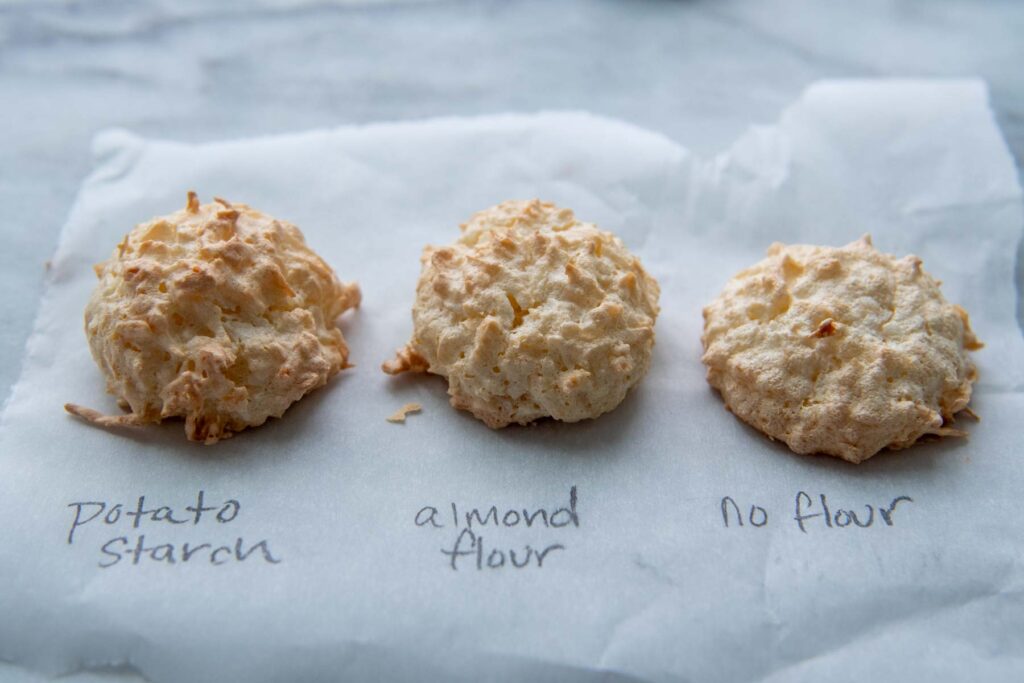 showing difference between potato starch, almond flour, and flourless, top angle.