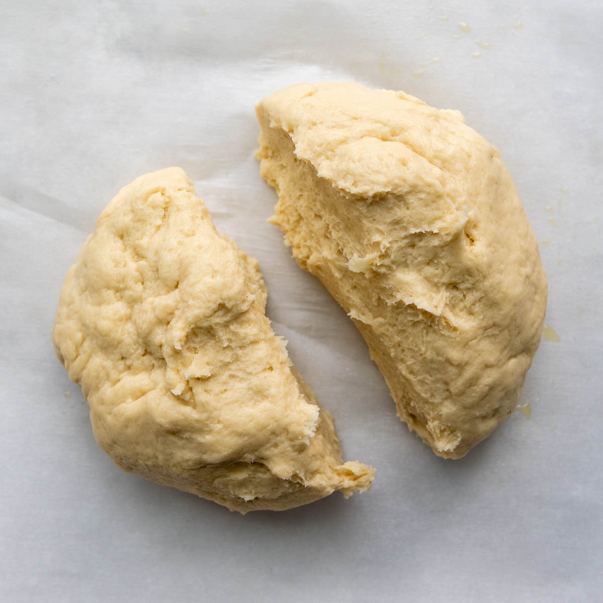 dough cut into half.