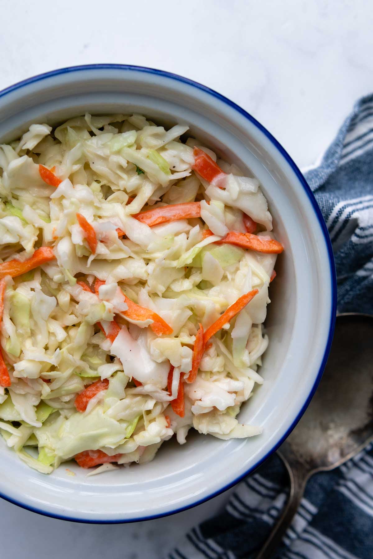 overhead shot of a bowl of coleslaw.