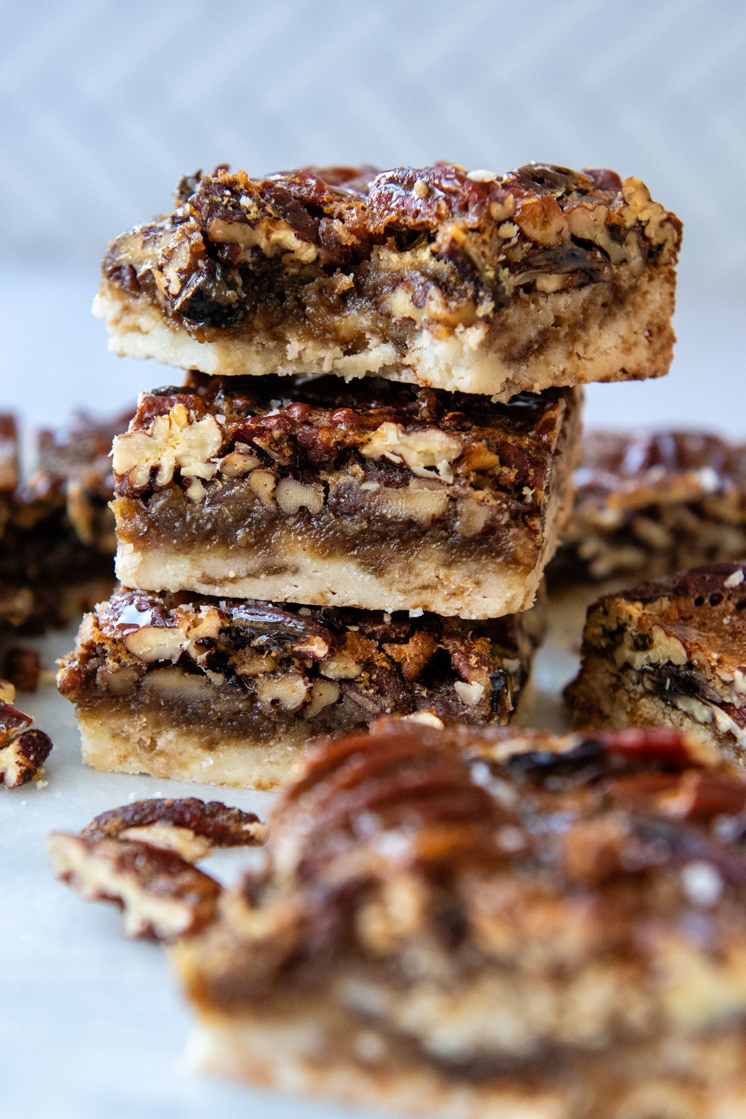 Shot showing the layers of the pecan pie bars.
