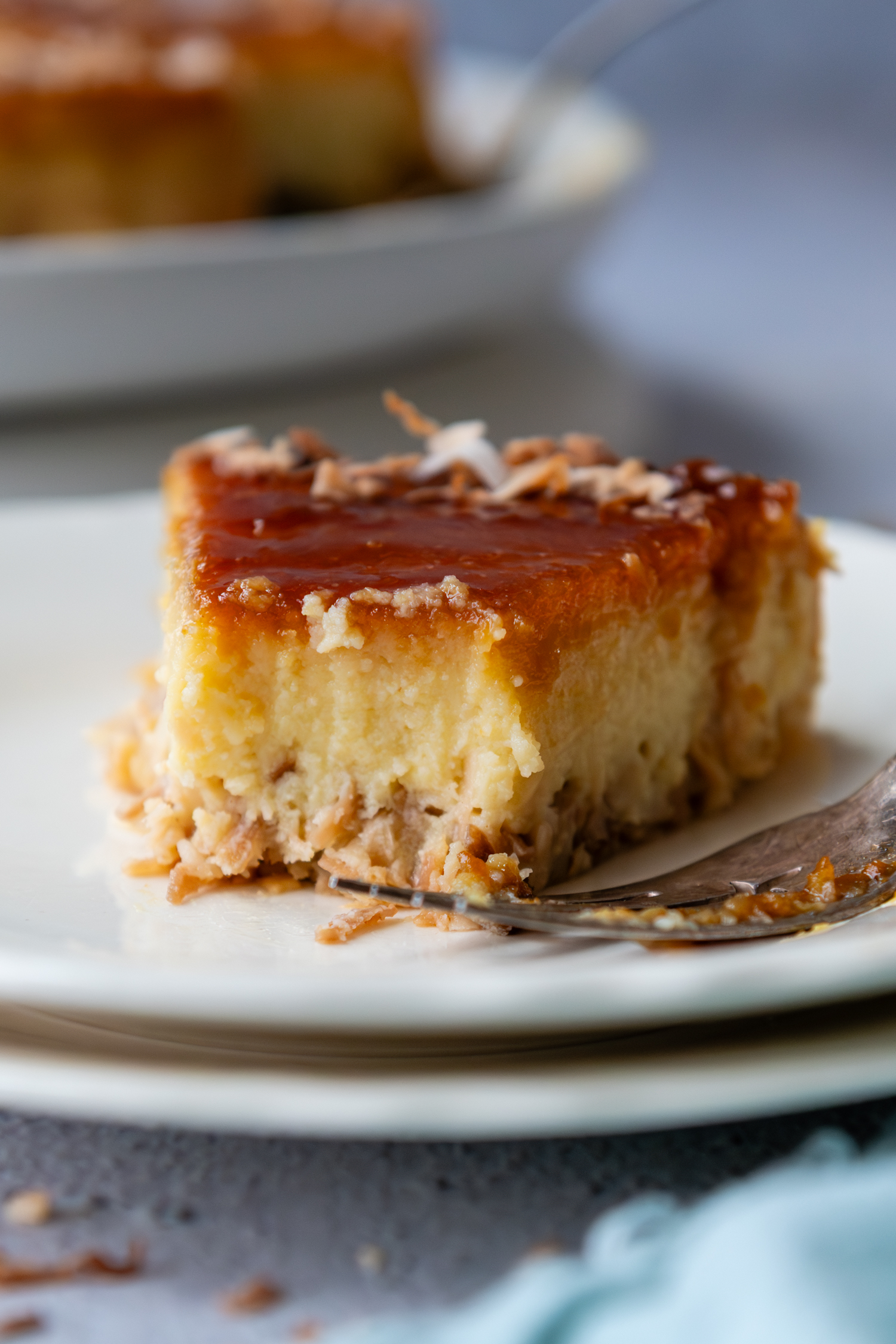 Piece of flan showing the layers.