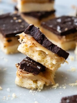 Stack of gluten free millionaire bars.