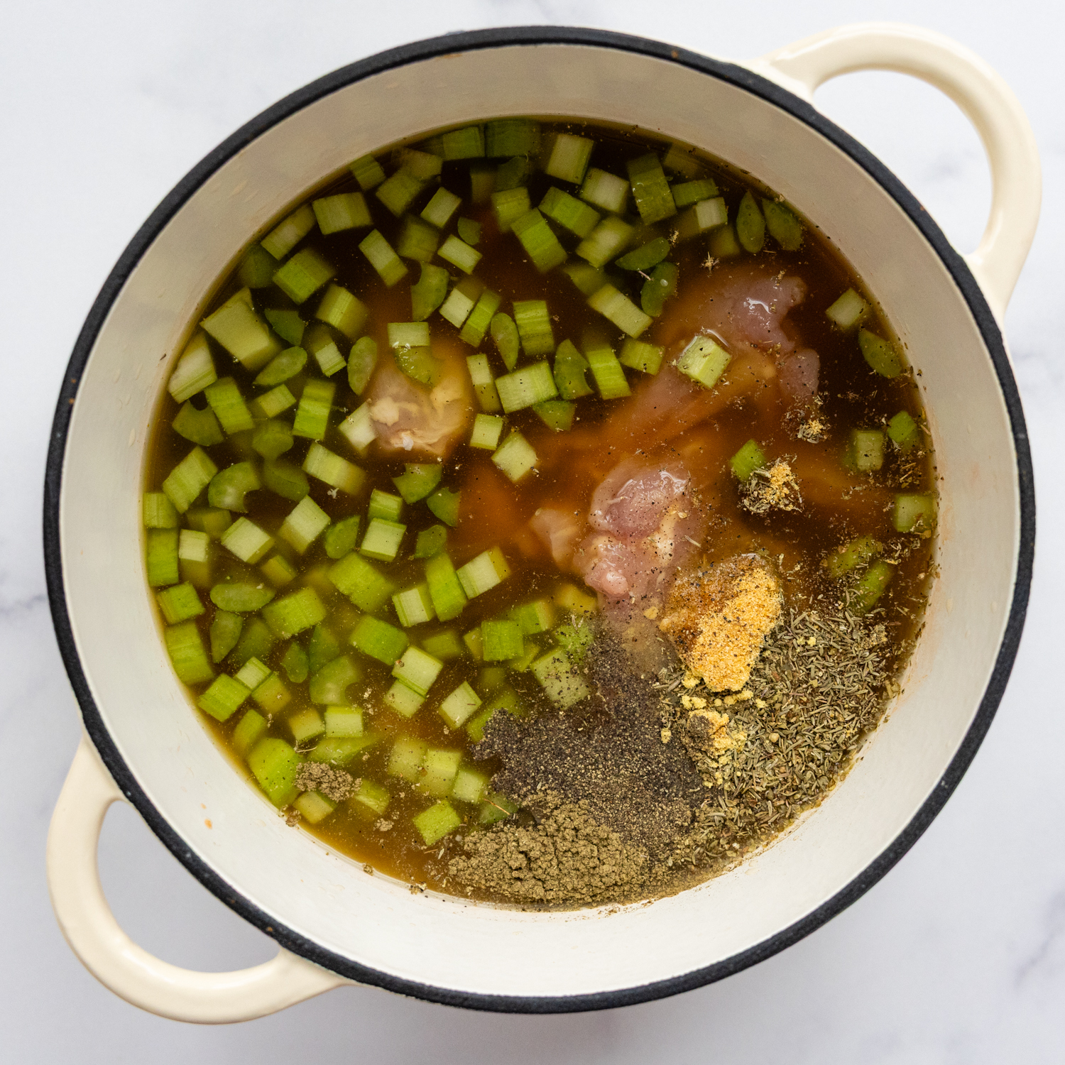Stock pot of soup ingredients.