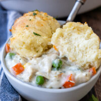 Gluten-Free Chicken and Biscuits served in a white bowl.