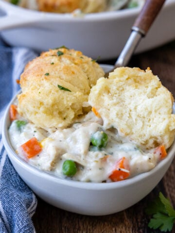 Gluten-Free Chicken and Biscuits served in a white bowl.