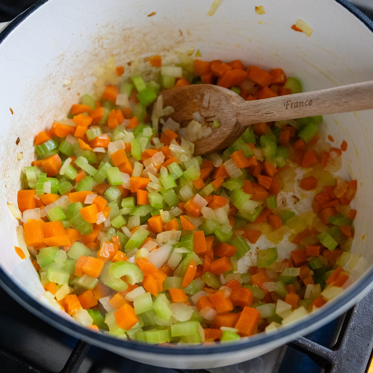 Soup vegetables in stock pot.