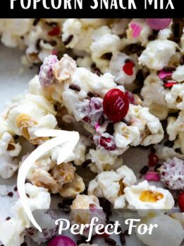 white chocolate covered popcorn pinterest pin.