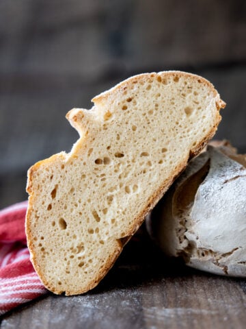 A slice of gluten free sourdough showing the inside texture.