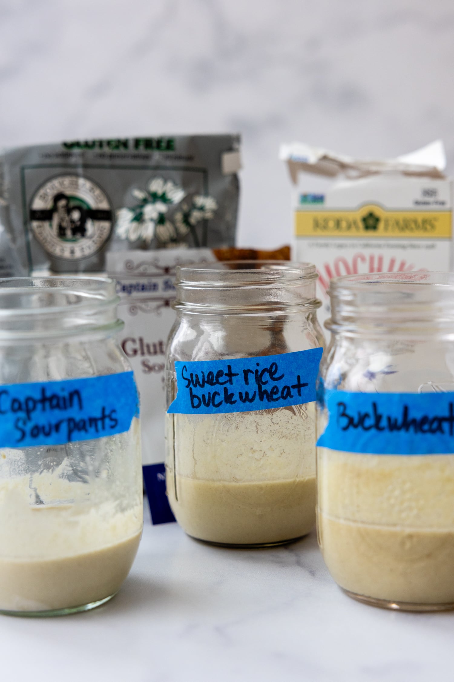 3 glass jars of different starters made up of 3 different GF starches.