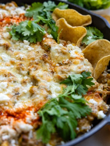 Close up of dip with chips.
