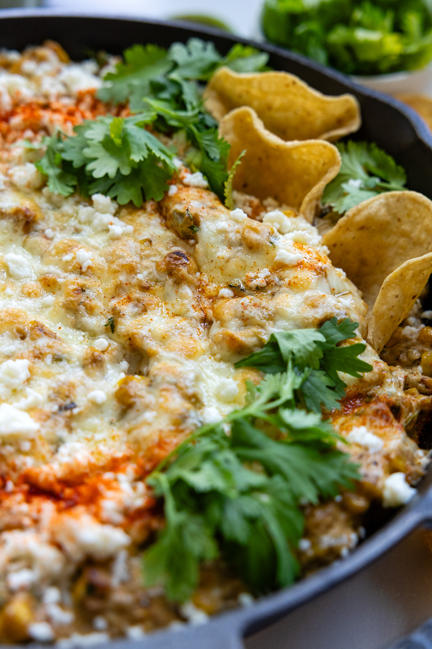 Close up of dip with chips.